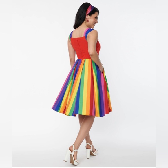 NWT Unique Vintage Red & Rainbow Stripe Swing Dress - Picture 3 of 8
